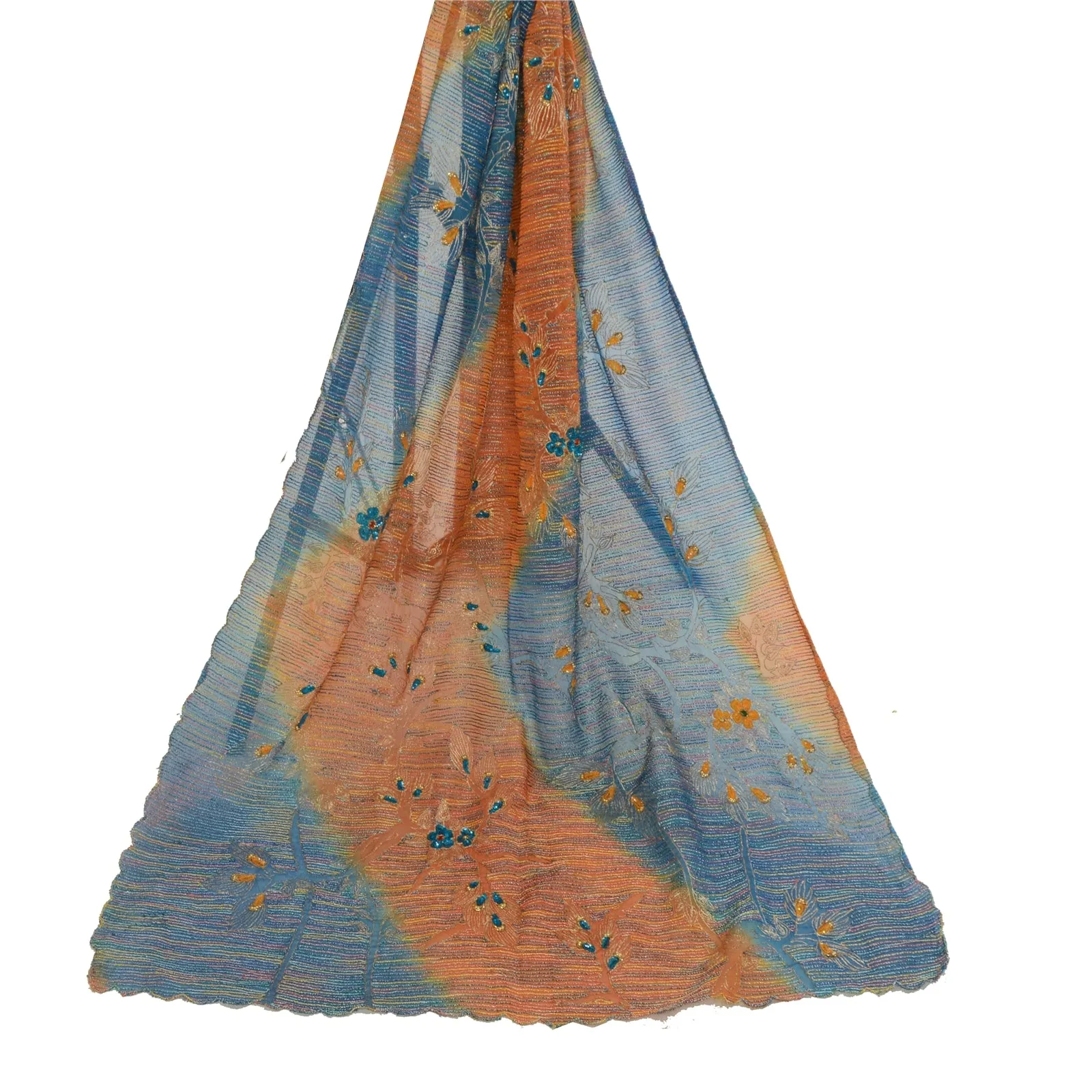 Sanskriti Vintage Long Blue Dupatta/Stole Art Silk Hand Beaded Wrap Scarves