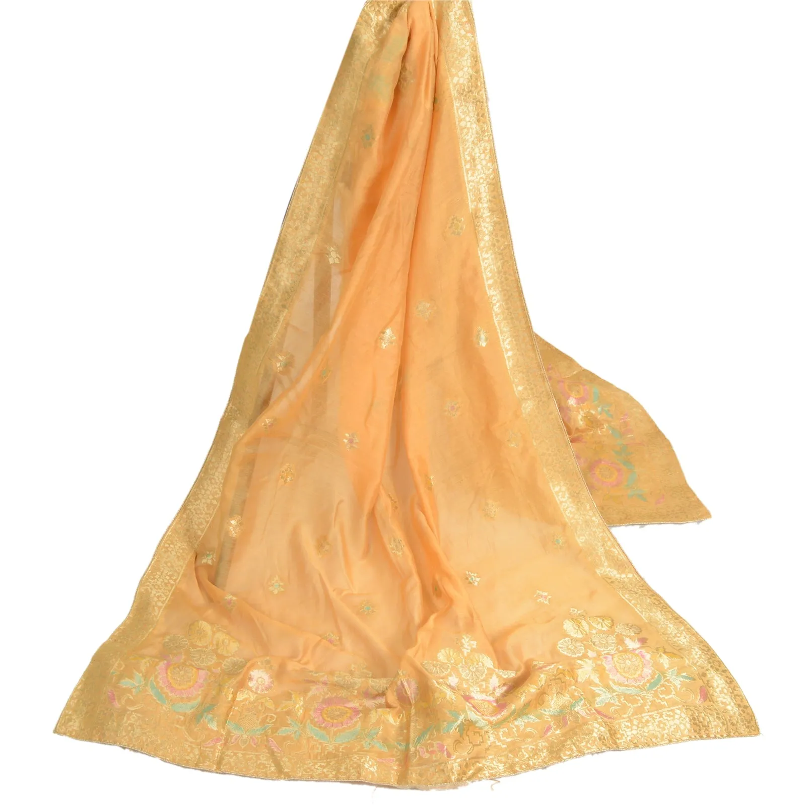 Sanskriti Vintage Long Dupatta Stole Chanderi Peach Woven Brocade Scarves