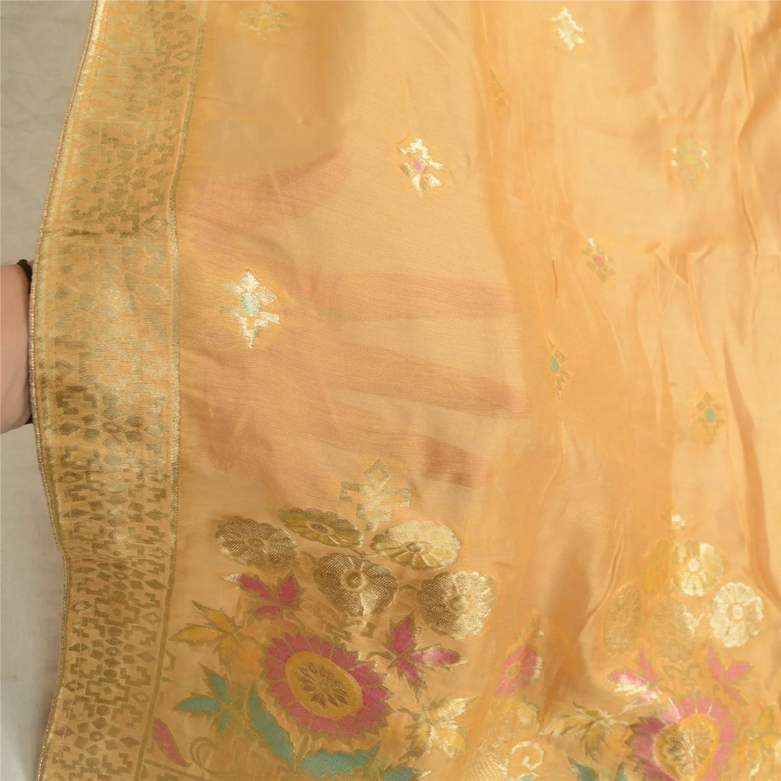 Sanskriti Vintage Long Dupatta Stole Chanderi Peach Woven Brocade Scarves