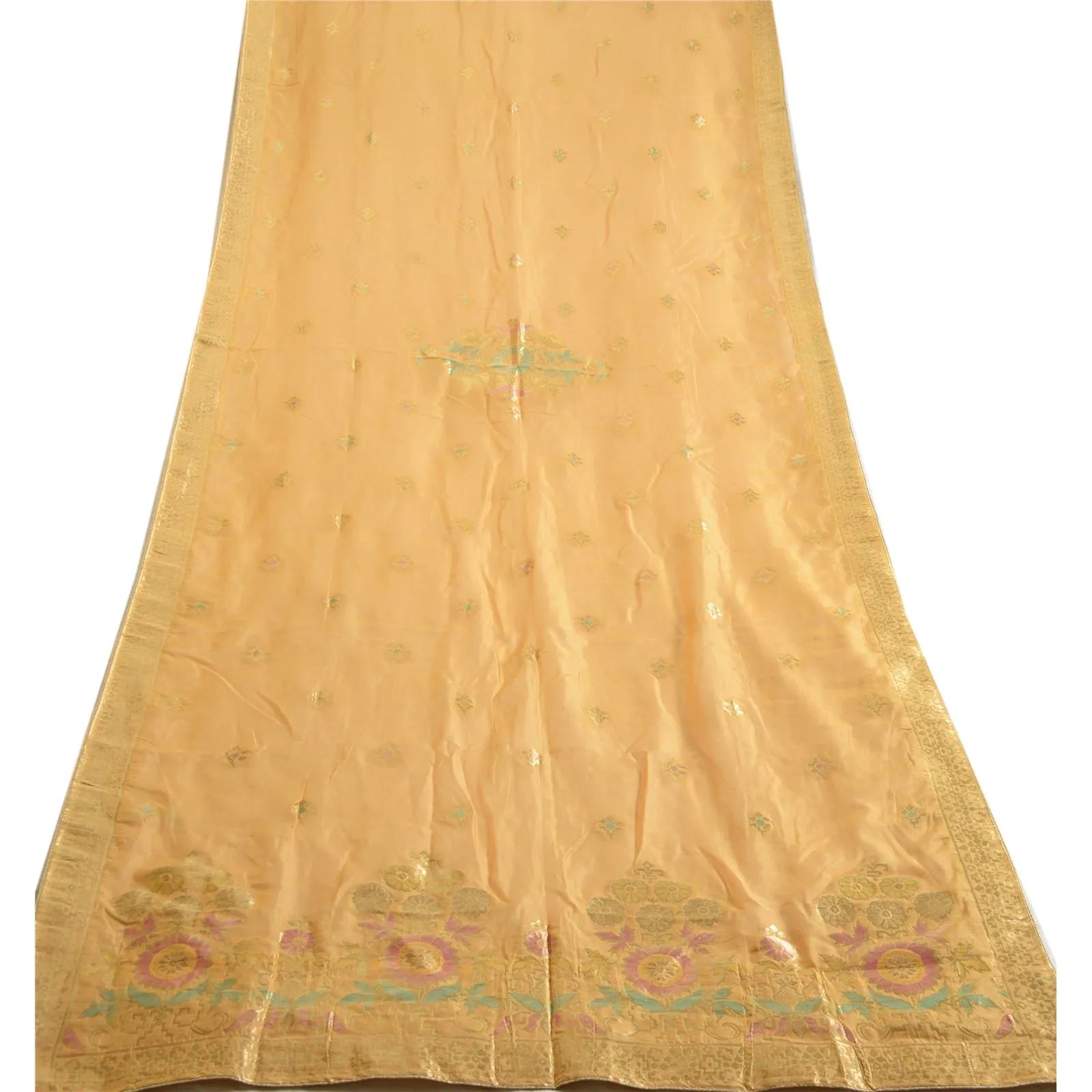 Sanskriti Vintage Long Dupatta Stole Chanderi Peach Woven Brocade Scarves