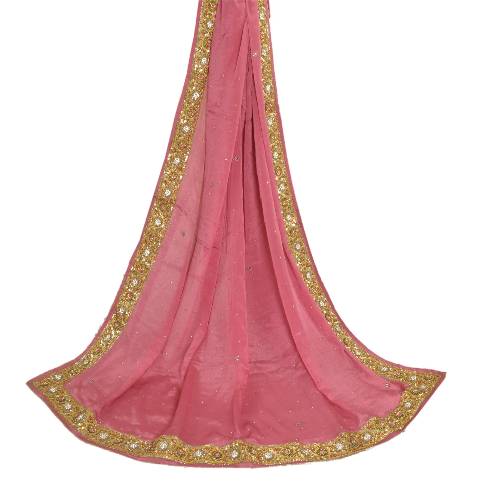 Sanskriti Vintage Long Dupatta Stole Pure Silk Pink Hand Beaded Wrap Scarves