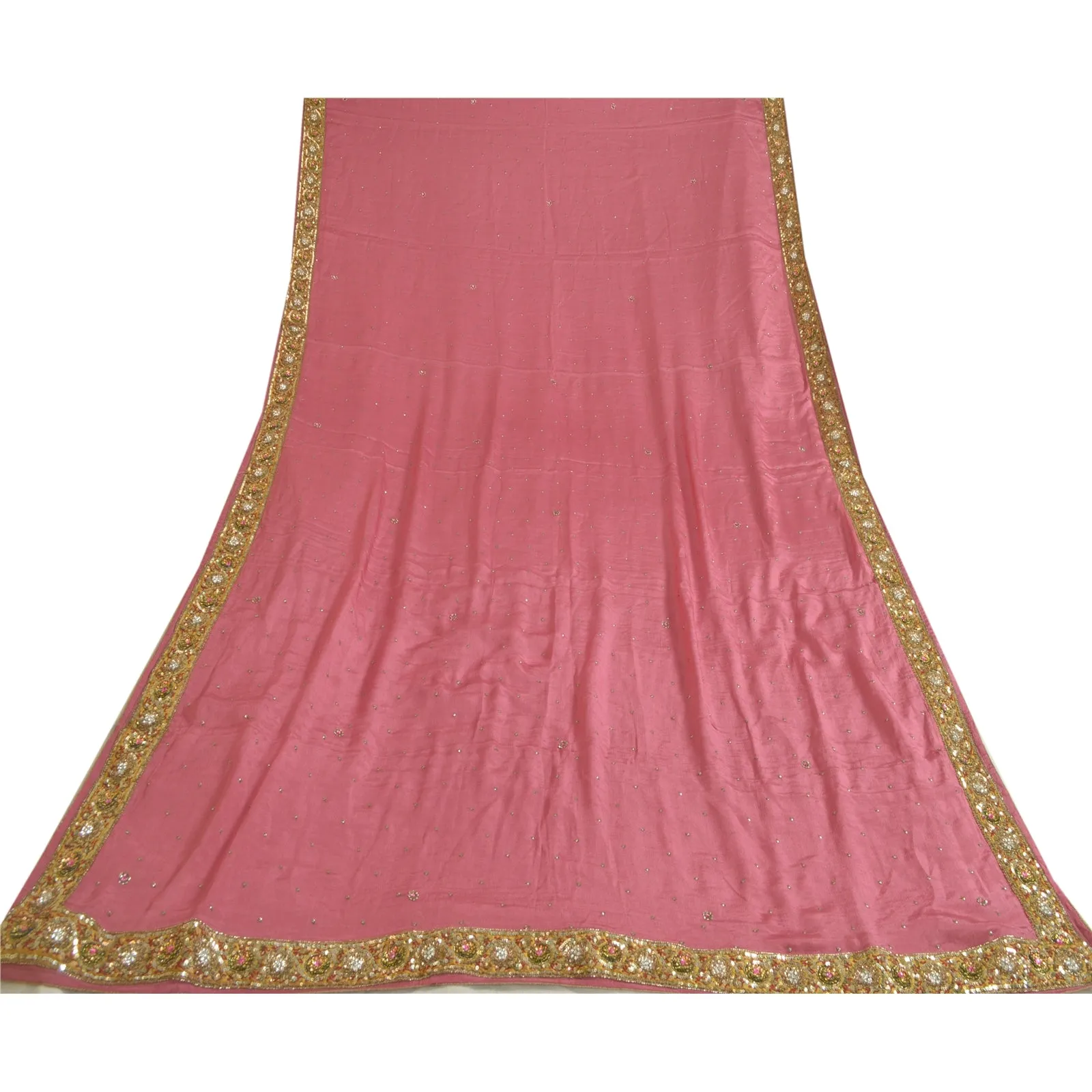 Sanskriti Vintage Long Dupatta Stole Pure Silk Pink Hand Beaded Wrap Scarves