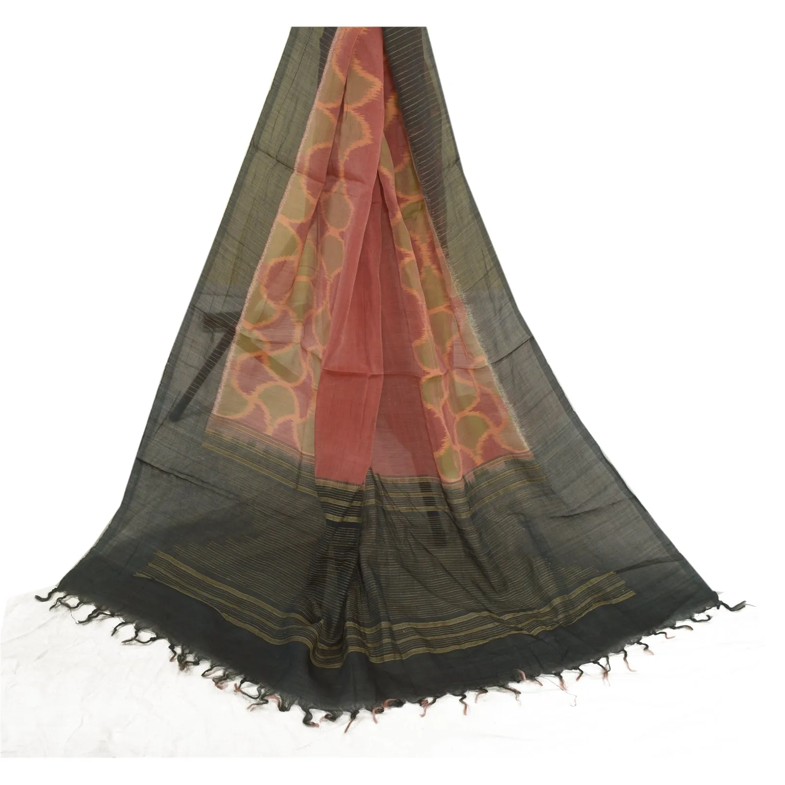 Sanskriti Vintage Long Dupatta Stole Pure Silk Red/Black Hijab Woven Scarves