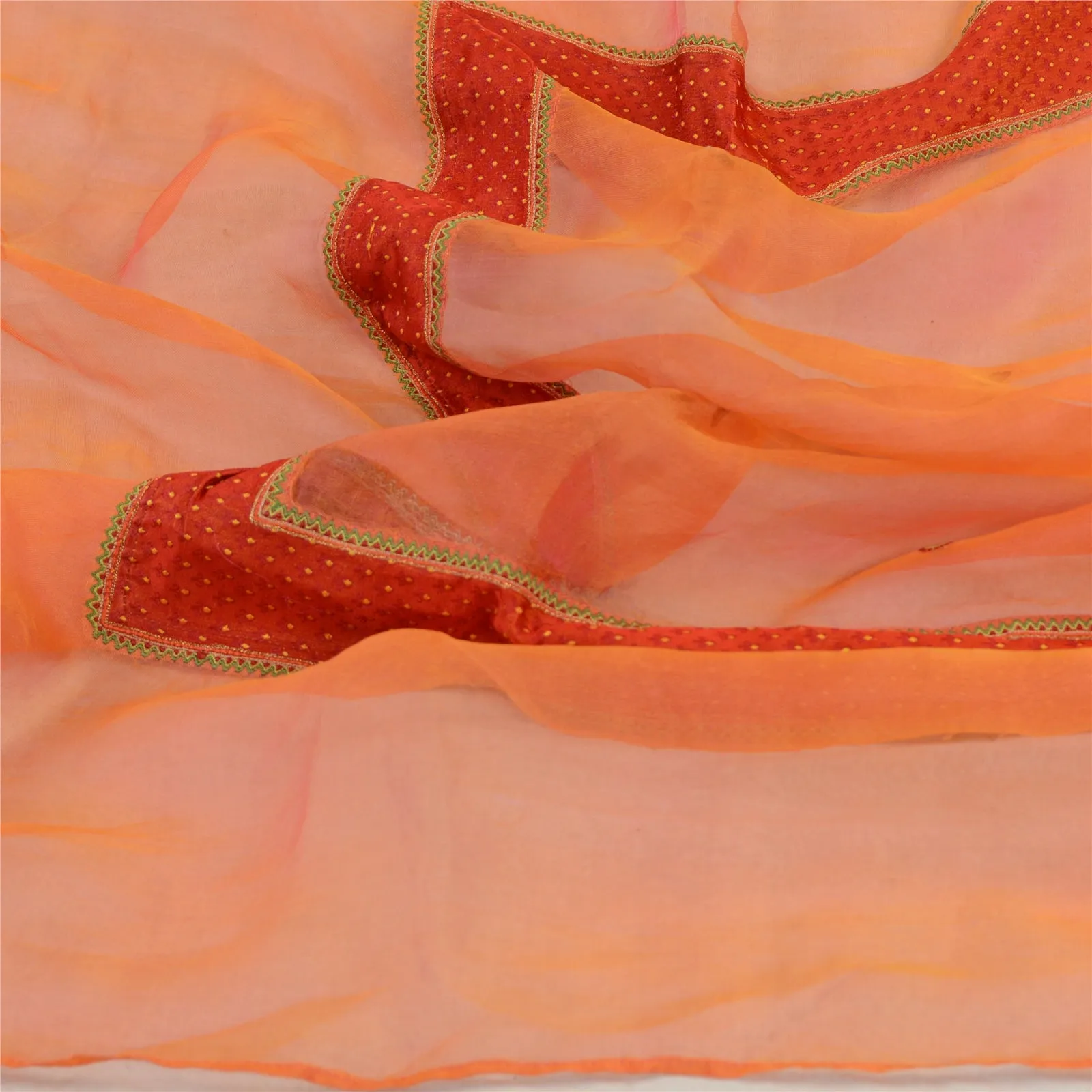 Sanskriti Vintage Long Orange Dupatta Stole Pure Organza Silk Woven Scarves