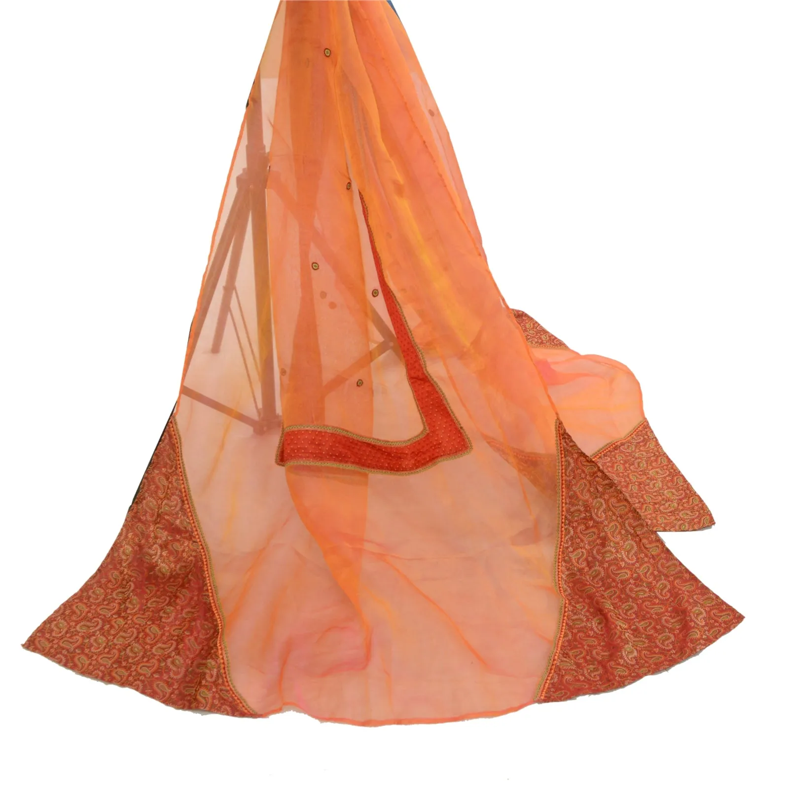 Sanskriti Vintage Long Orange Dupatta Stole Pure Organza Silk Woven Scarves