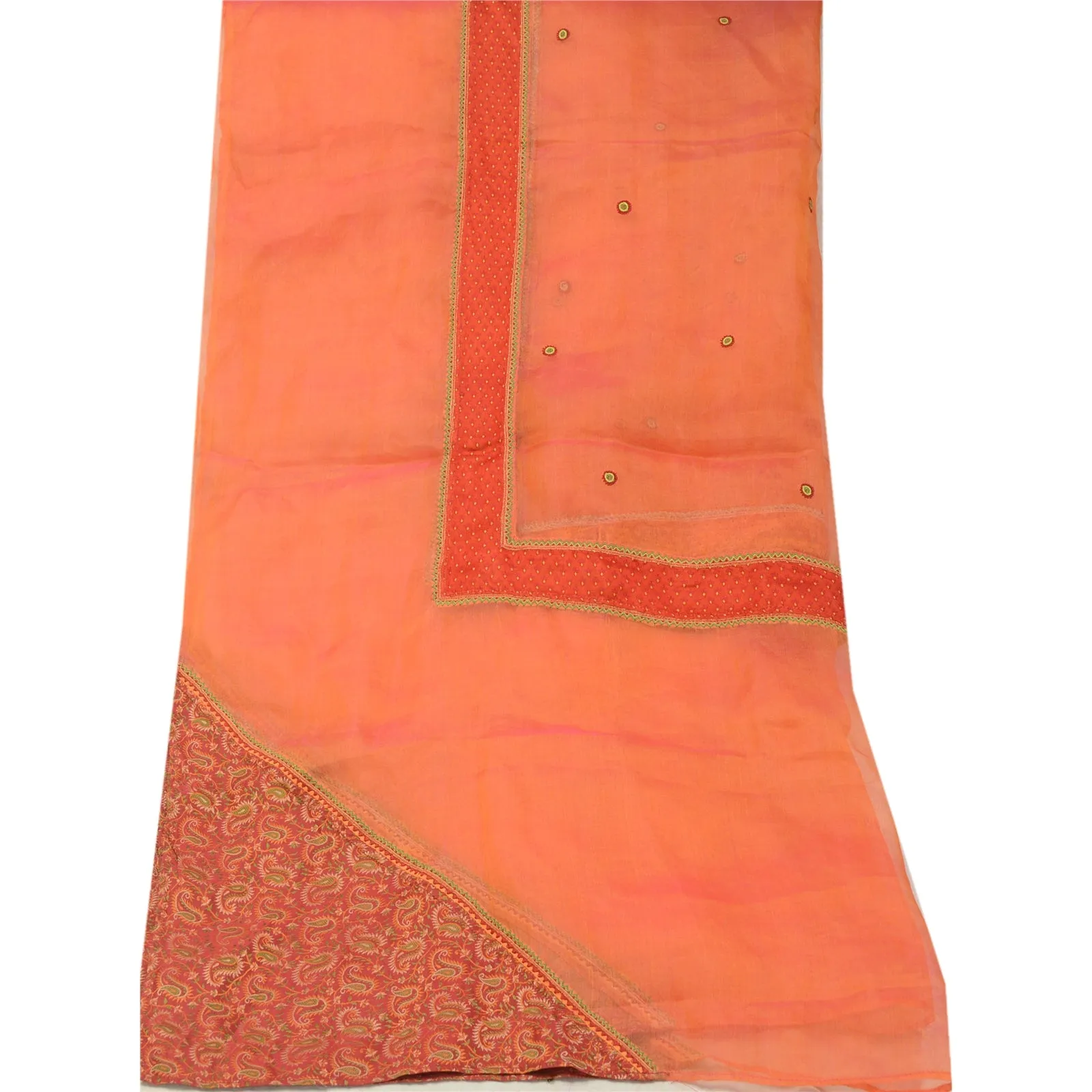 Sanskriti Vintage Long Orange Dupatta Stole Pure Organza Silk Woven Scarves