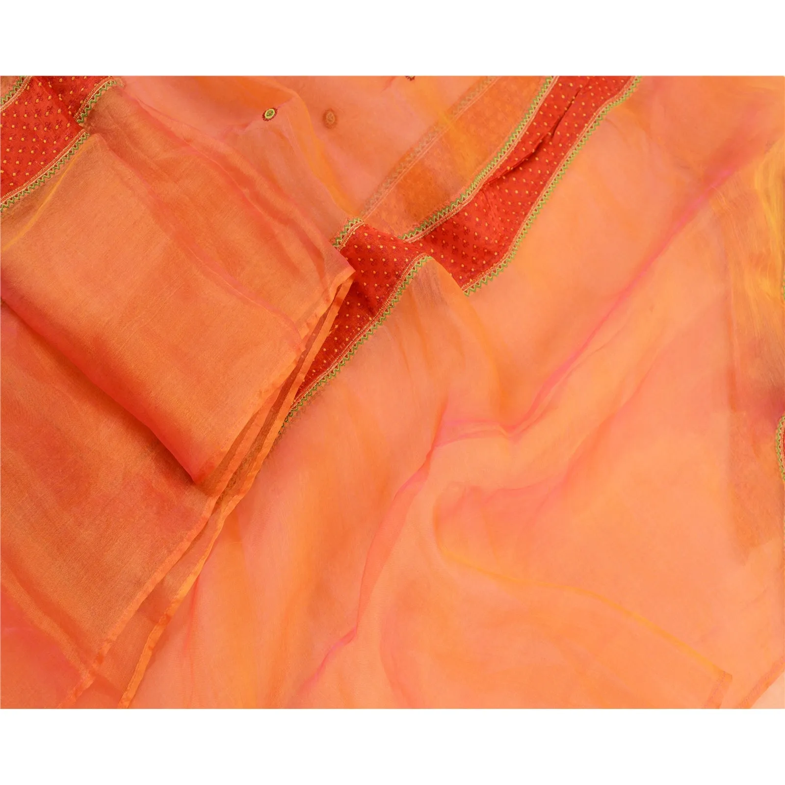 Sanskriti Vintage Long Orange Dupatta Stole Pure Organza Silk Woven Scarves