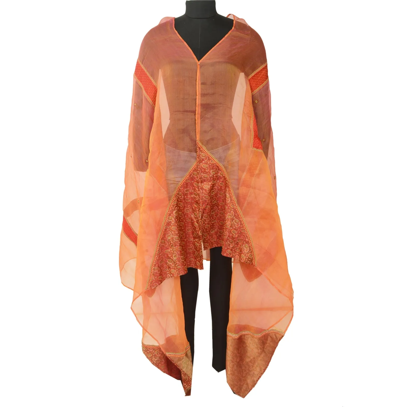 Sanskriti Vintage Long Orange Dupatta Stole Pure Organza Silk Woven Scarves