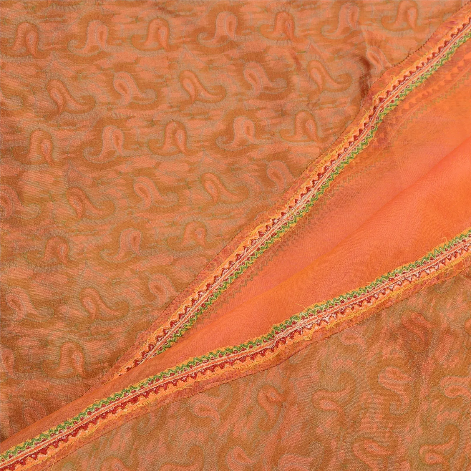 Sanskriti Vintage Long Orange Dupatta Stole Pure Organza Silk Woven Scarves