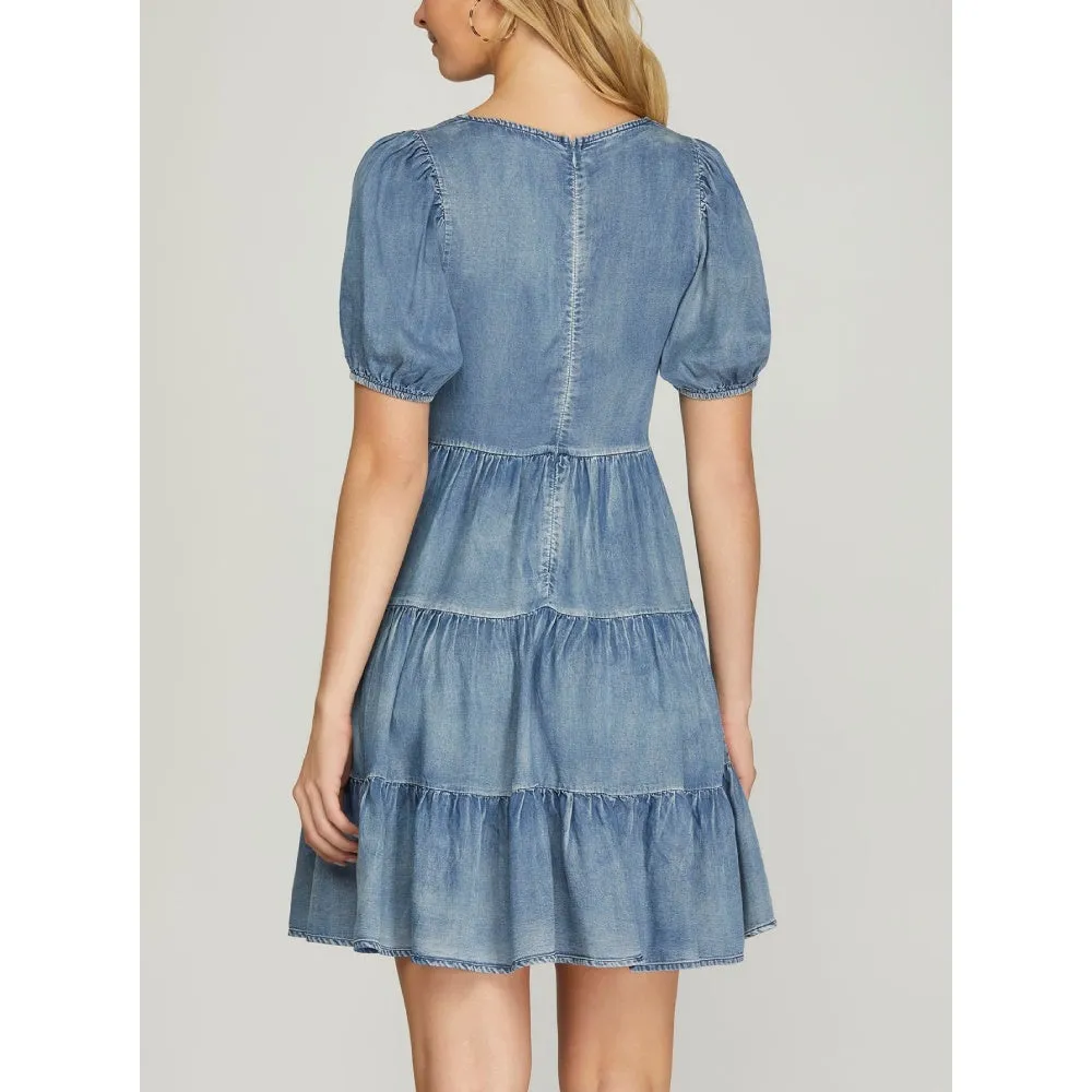 She+Sky Womens Puff Sleeve Dress | Blue | Outerwear