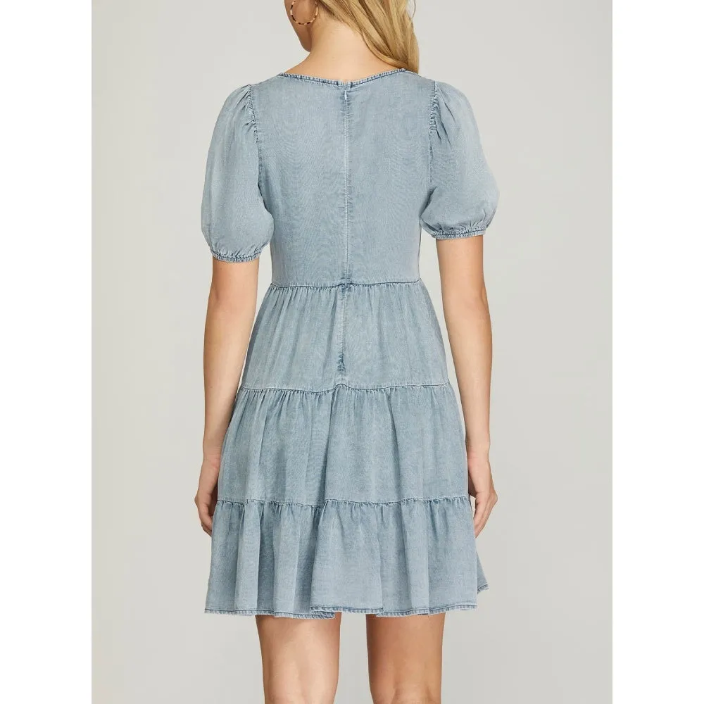 She+Sky Womens Puff Sleeve Dress | Blue | Outerwear