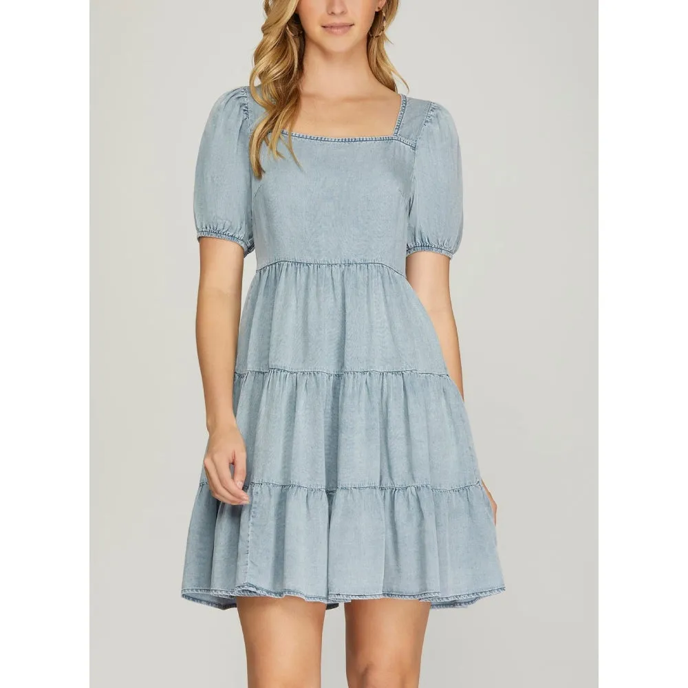 She+Sky Womens Puff Sleeve Dress | Blue | Outerwear