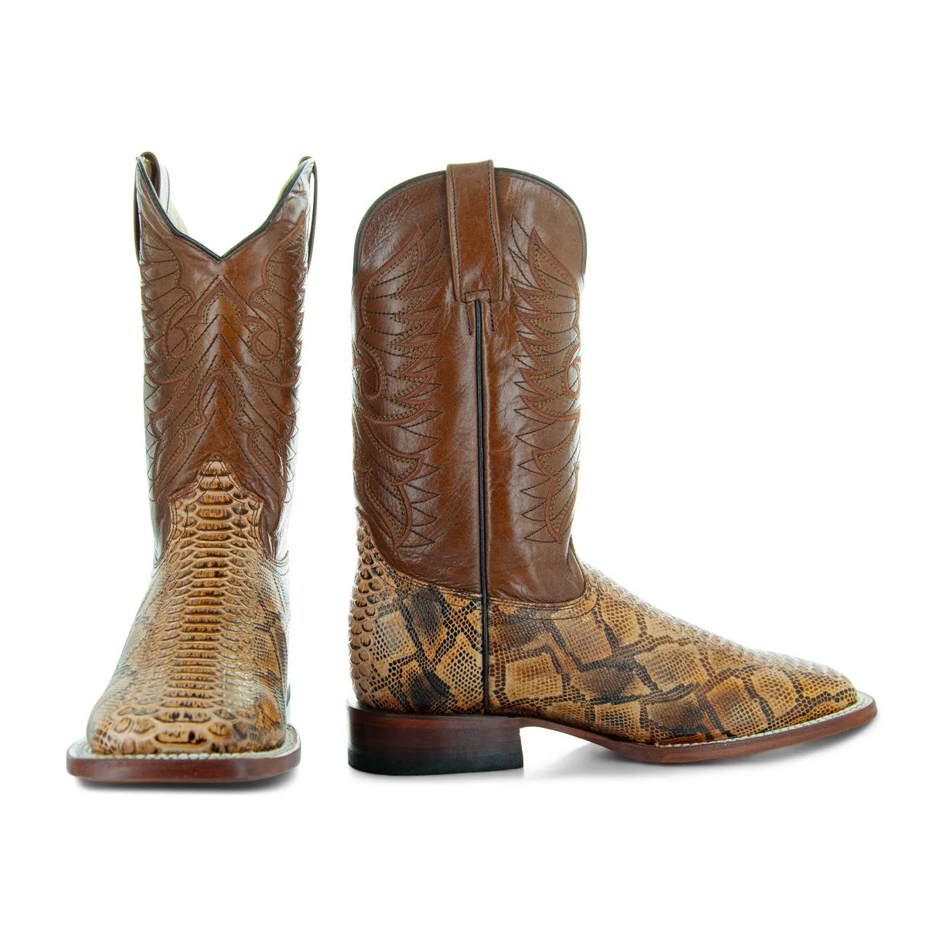 Soto Boots Men's Brown Python Print Square Toe Cowboy Boots H8004