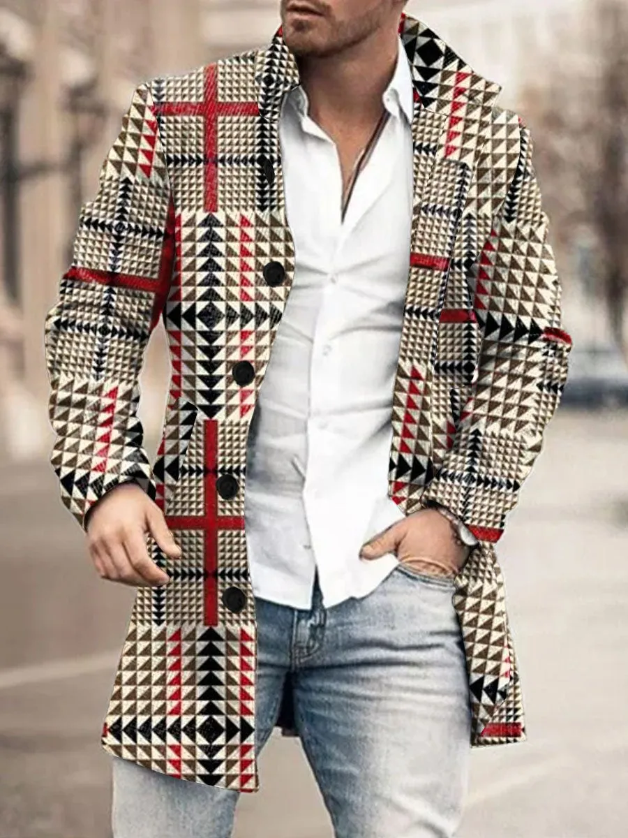 Stand-Collar Single-Breasted Vintage Plaid Print Double-Pocket Wool Coat