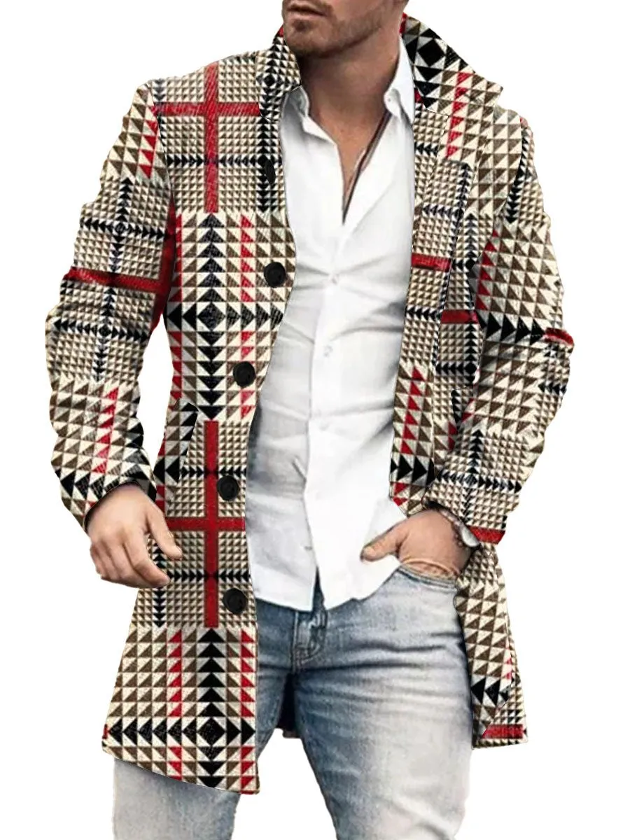 Stand-Collar Single-Breasted Vintage Plaid Print Double-Pocket Wool Coat