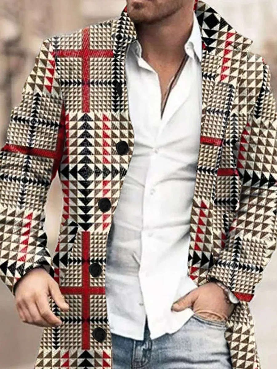 Stand-Collar Single-Breasted Vintage Plaid Print Double-Pocket Wool Coat