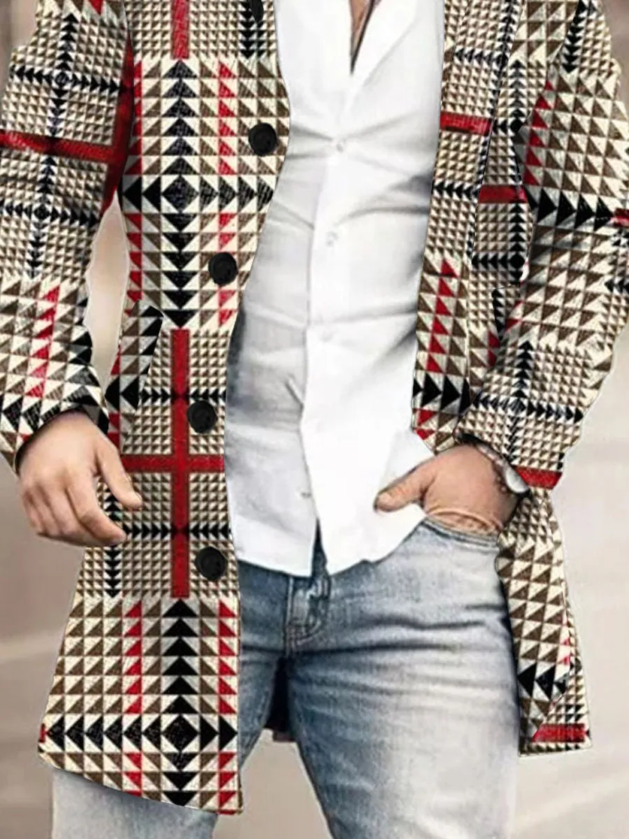 Stand-Collar Single-Breasted Vintage Plaid Print Double-Pocket Wool Coat