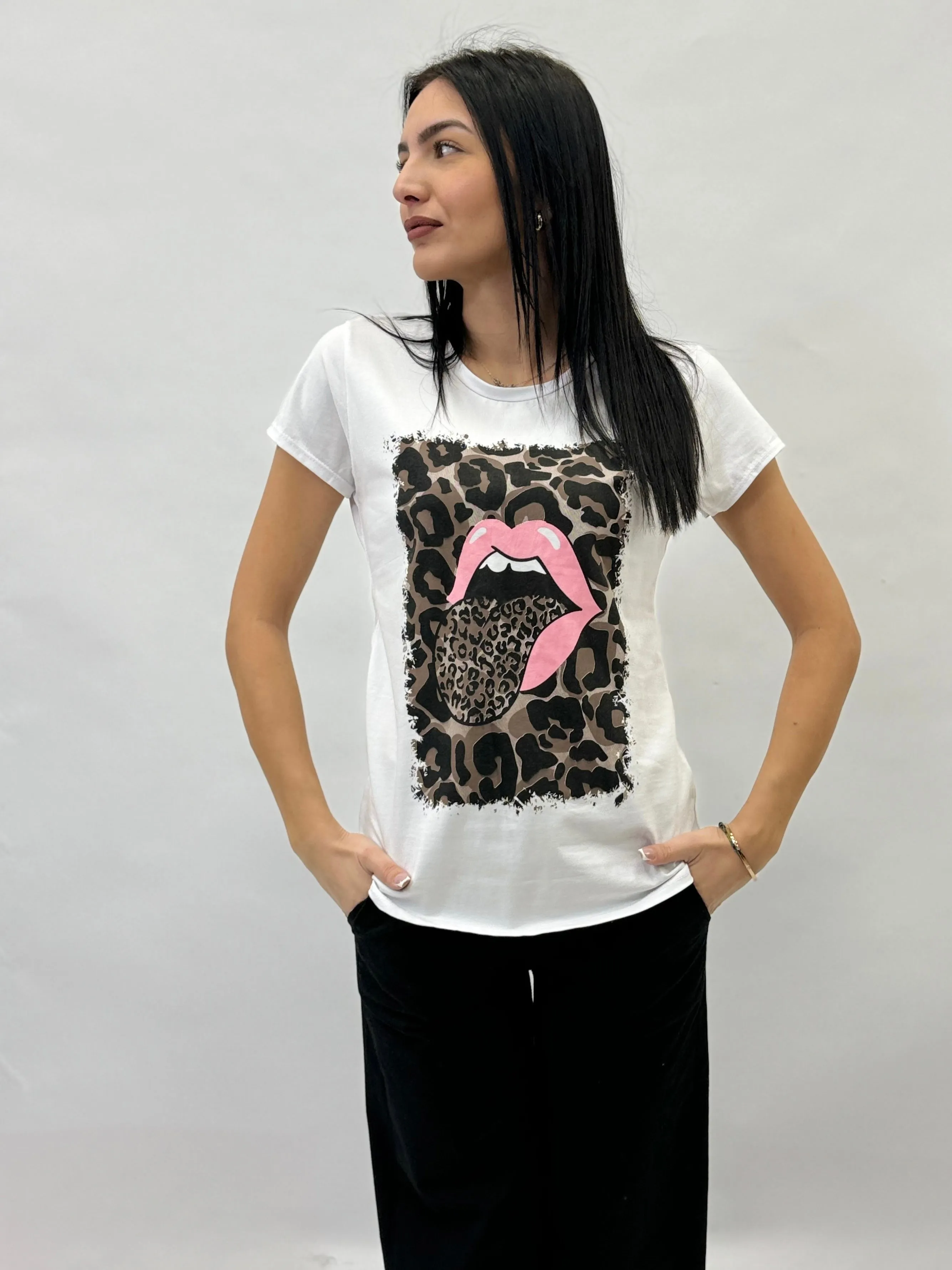 T-shirt in cotone con stampa bocca