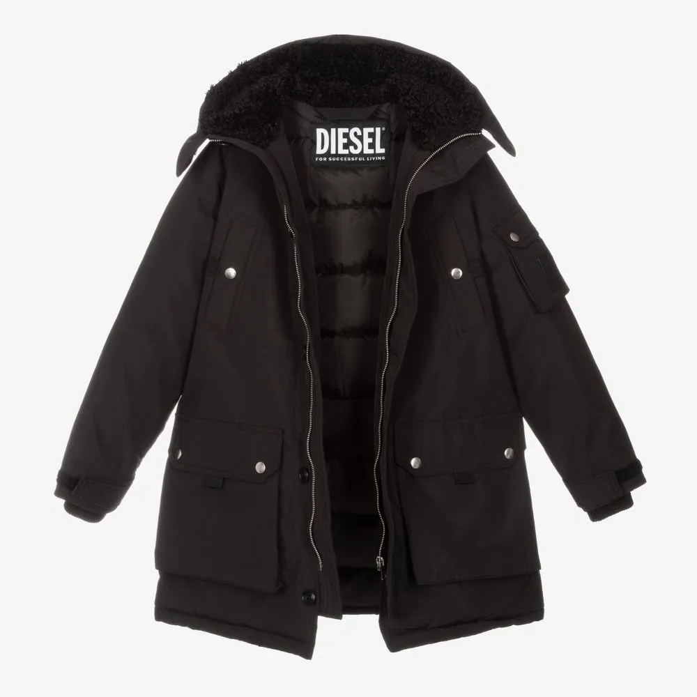 Teen Boys Black Hooded Coat