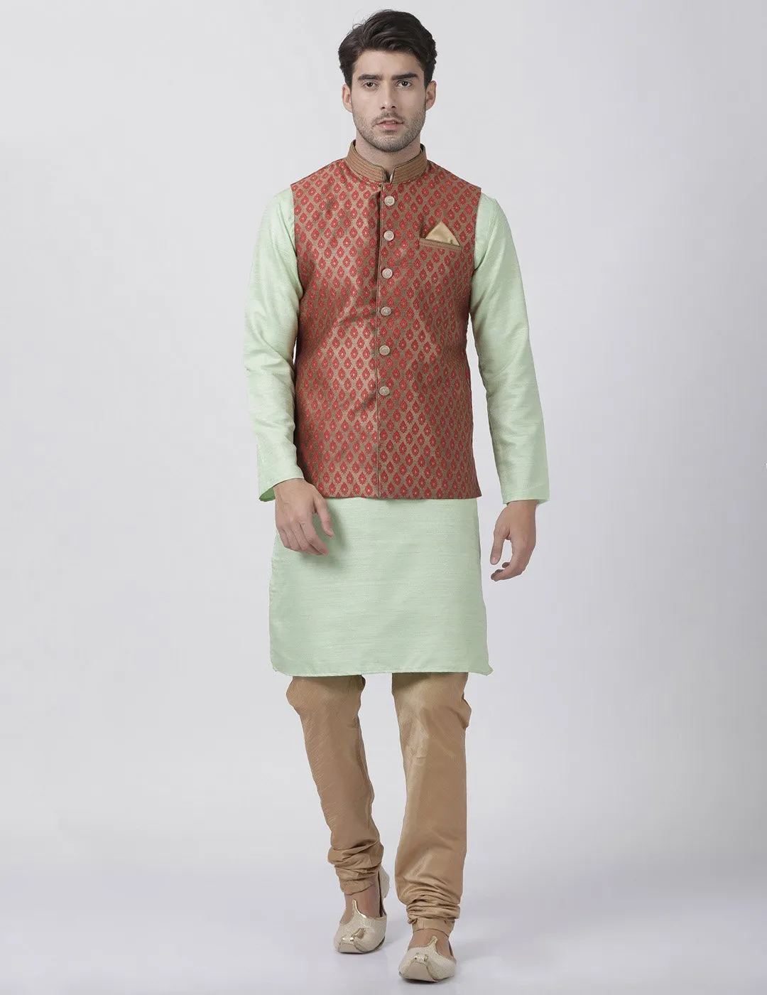 VASTRAMAY Men's Light Green Cotton Silk Blend Kurta, Ethnic Jacket and Pyjama Set