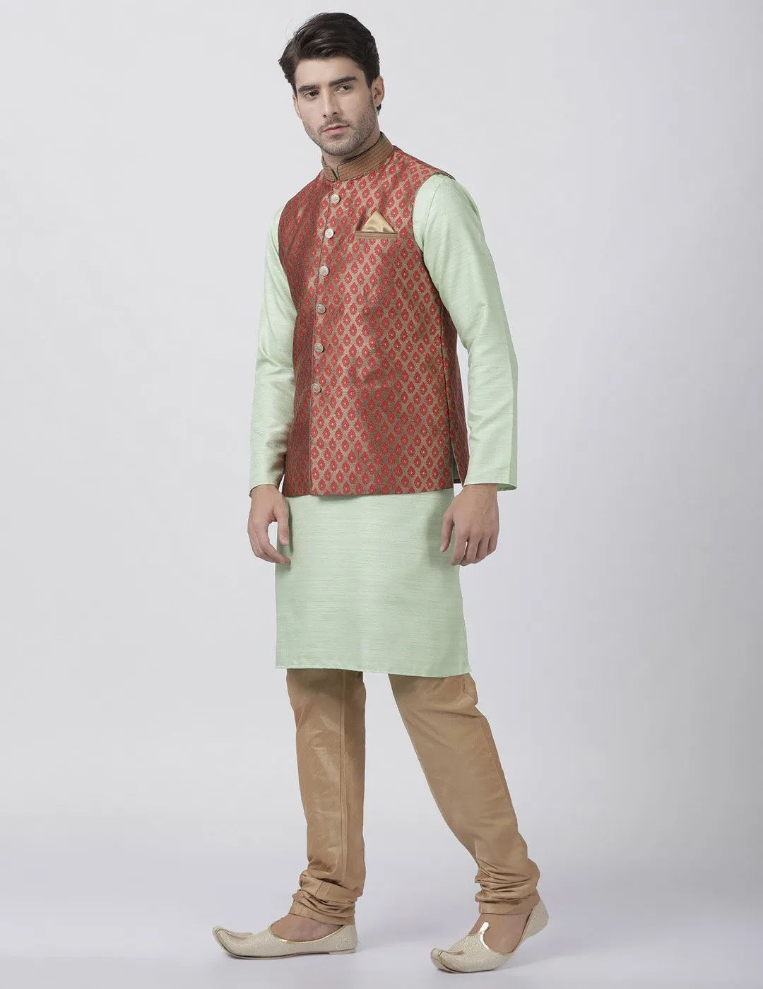 VASTRAMAY Men's Light Green Cotton Silk Blend Kurta, Ethnic Jacket and Pyjama Set