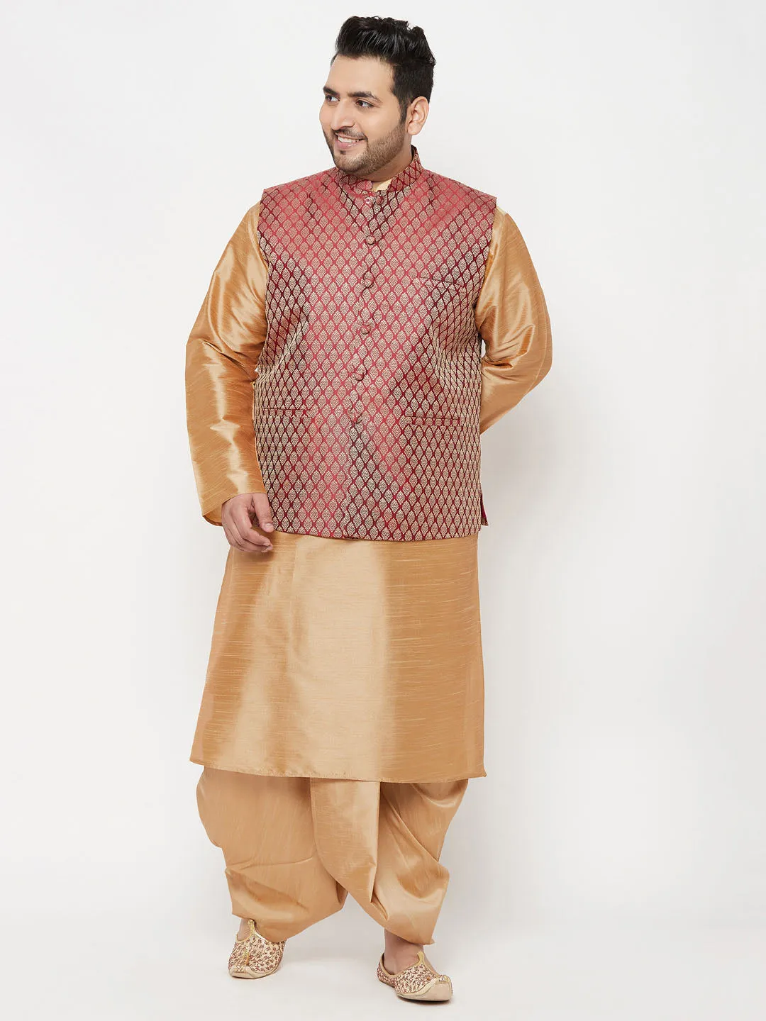 VASTRAMAY PLUS Men's Maroon Nehru Jacket With Rose Gold Kurta And Dhoti Set