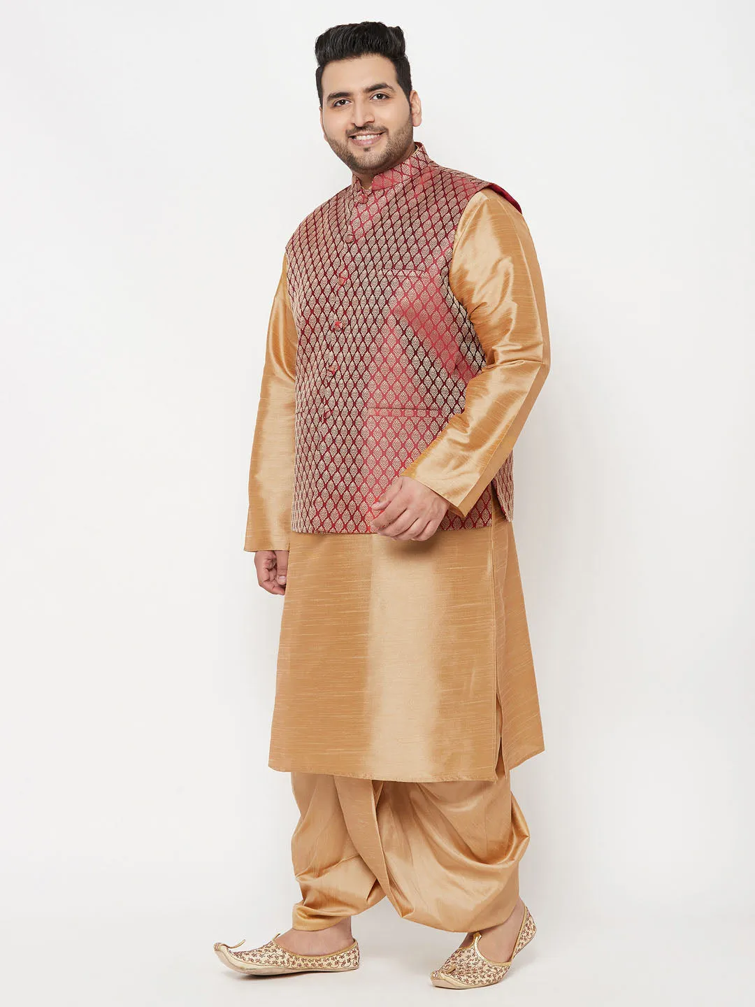 VASTRAMAY PLUS Men's Maroon Nehru Jacket With Rose Gold Kurta And Dhoti Set