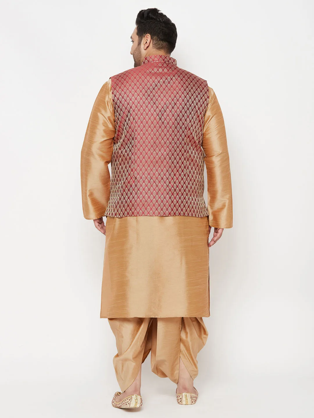 VASTRAMAY PLUS Men's Maroon Nehru Jacket With Rose Gold Kurta And Dhoti Set