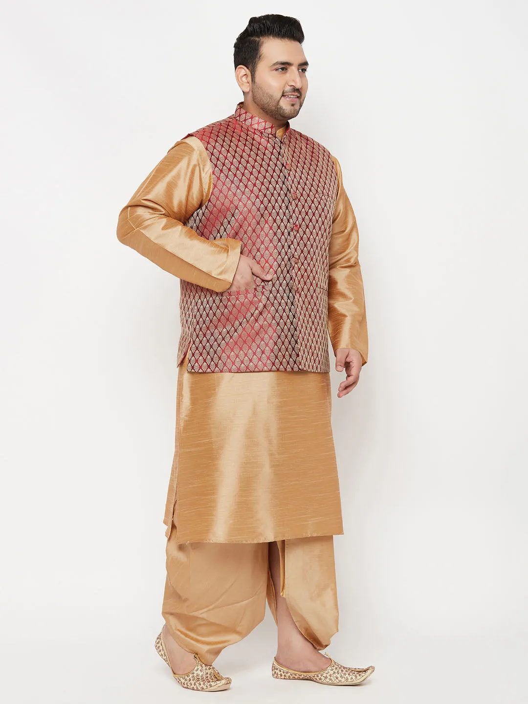 VASTRAMAY PLUS Men's Maroon Nehru Jacket With Rose Gold Kurta And Dhoti Set