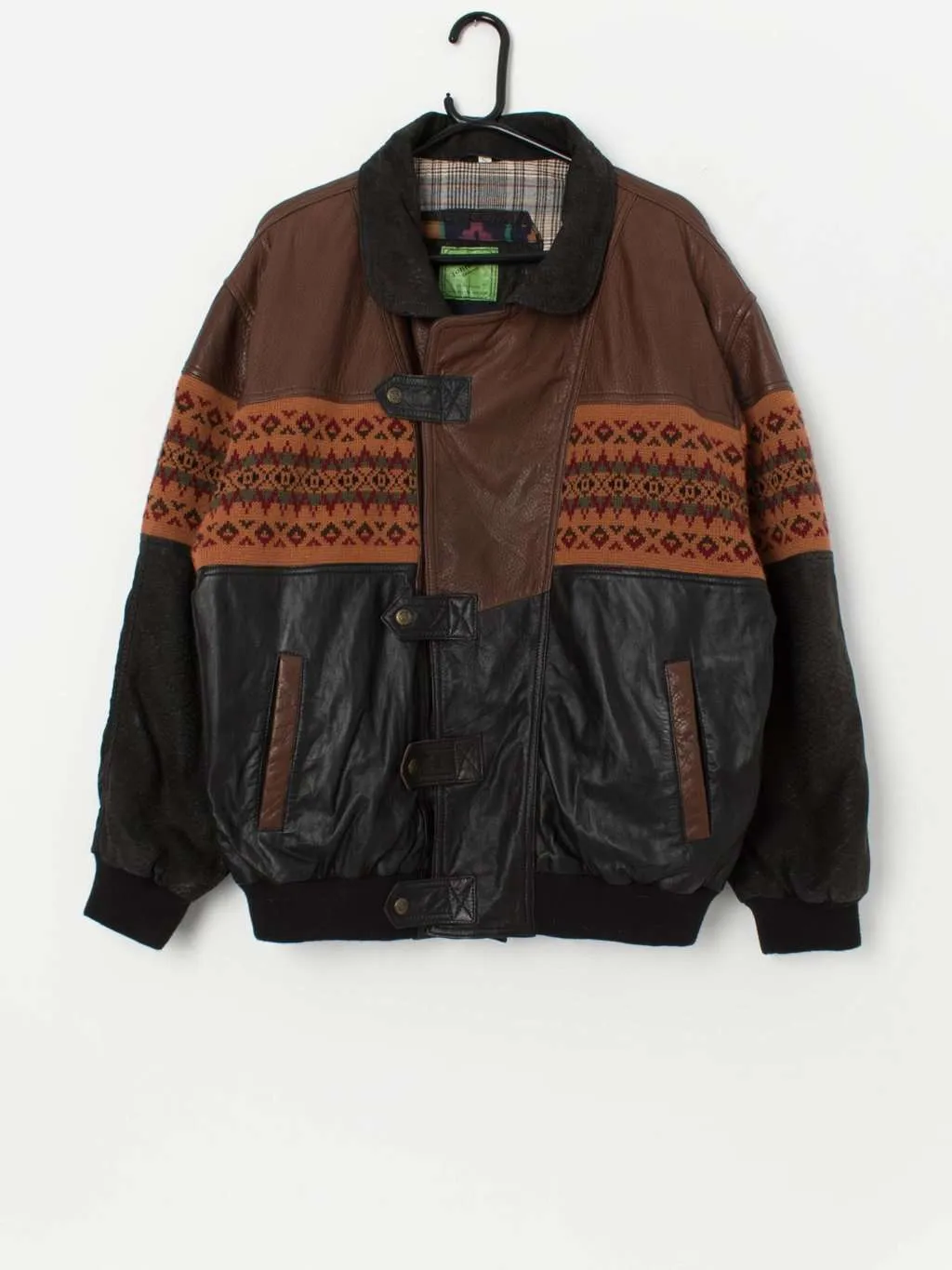 Vintage leather Aztec bomber jacket in brown, black and autumn orange – Medium