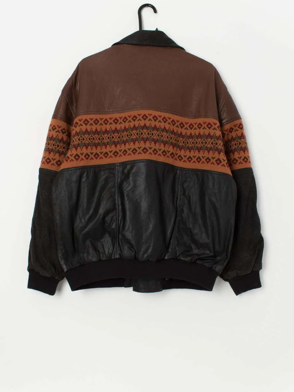 Vintage leather Aztec bomber jacket in brown, black and autumn orange – Medium