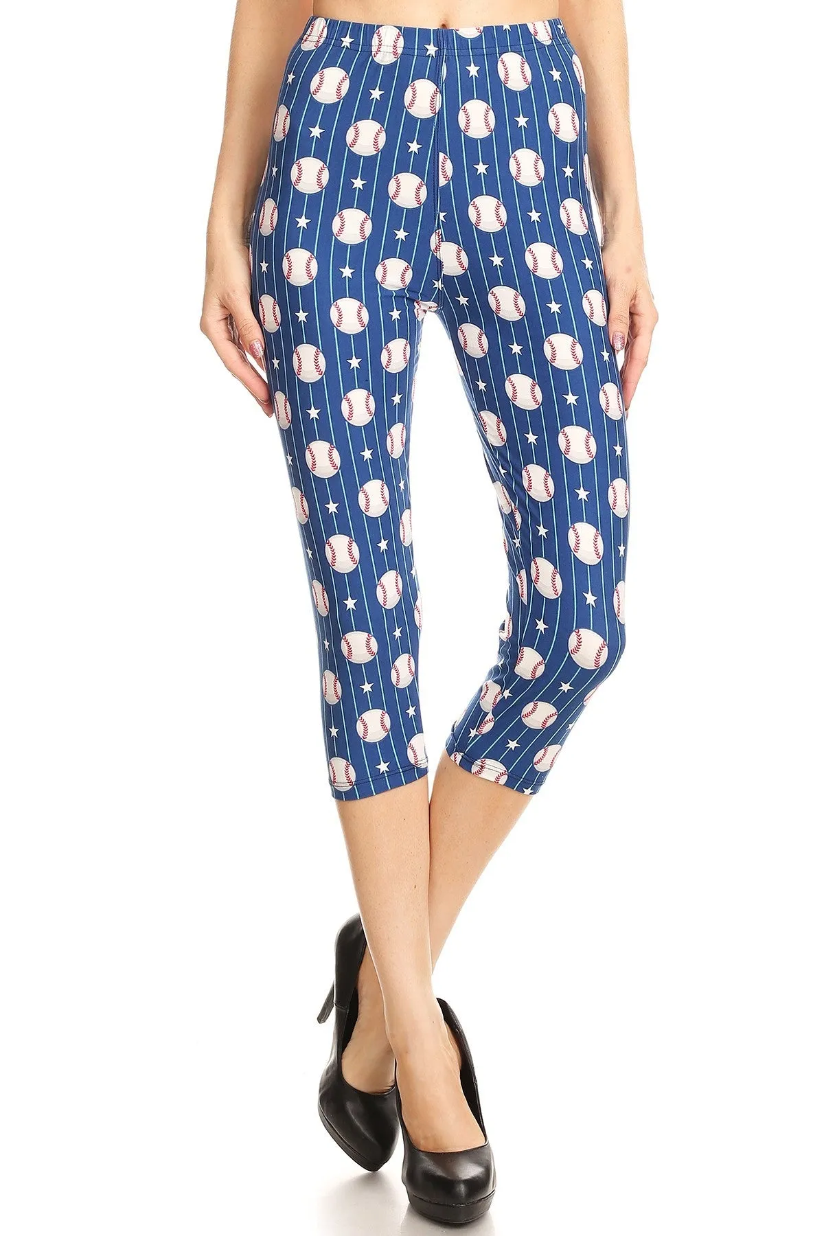 Women's Plus colorful Baseball Stars Printed Cropped Capri Leggings