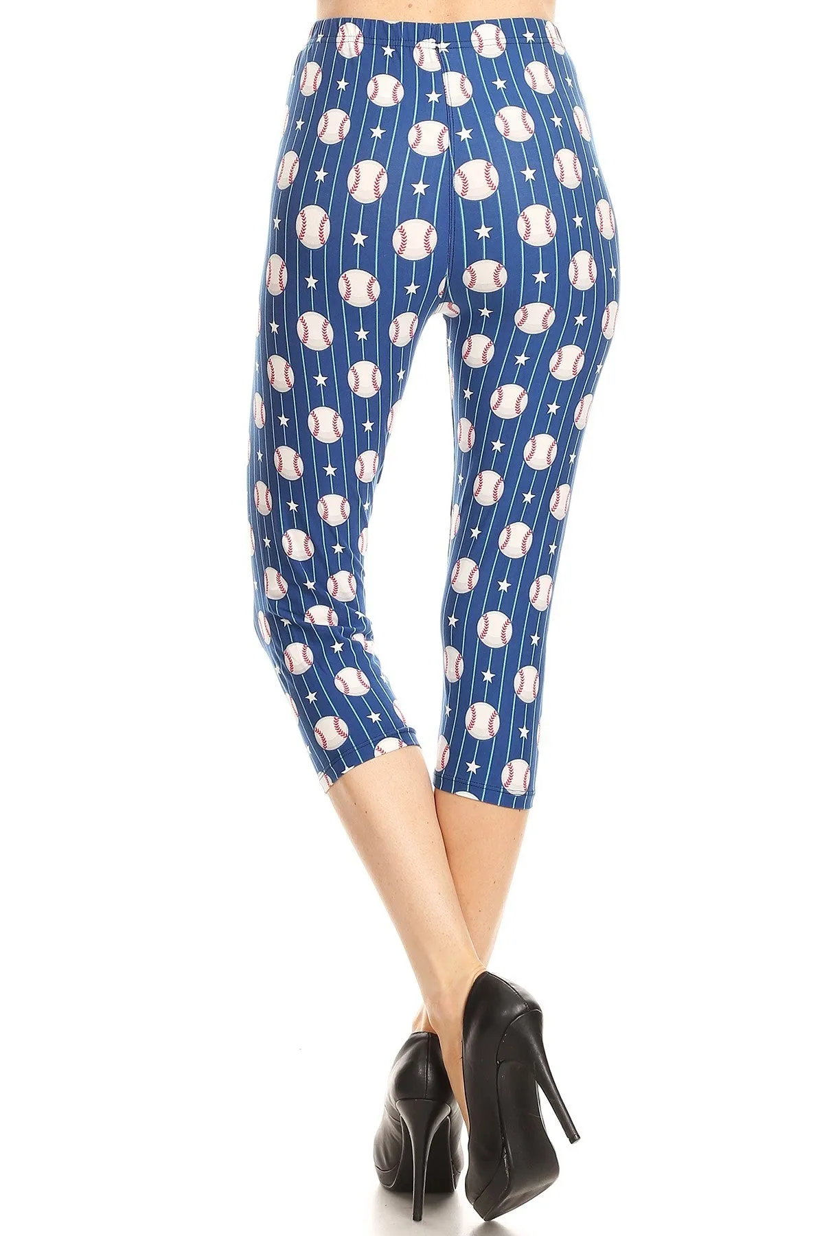 Women's Plus colorful Baseball Stars Printed Cropped Capri Leggings