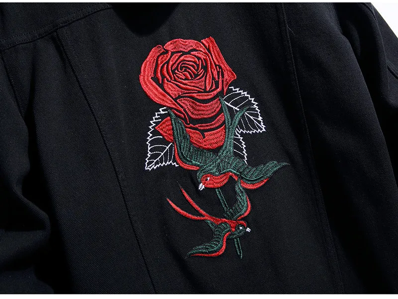 Xituodai Men's Rose Flower Bird Embroidery Black Jean Jacket Trendy Denim Coat Top OuterwearXituodai